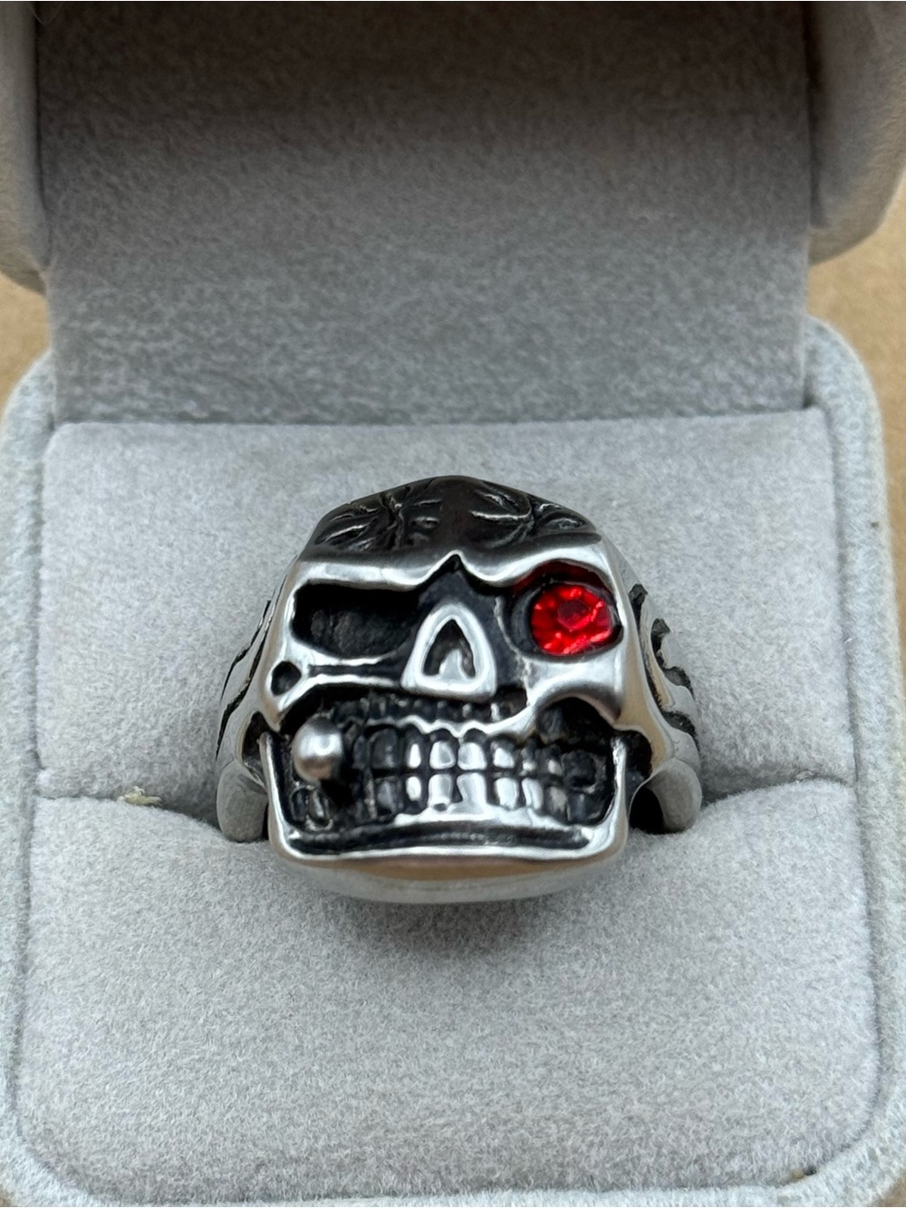 Men's Skull Statement Ring with Red Eye Gem